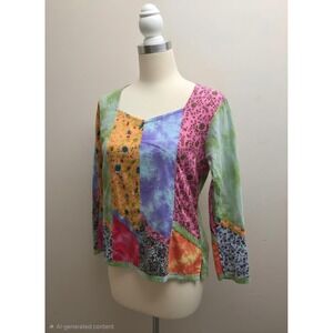 Shop Therapy Patchwork Tie Dye Floral Cotton Top Long Sleeve Boho Multi S m